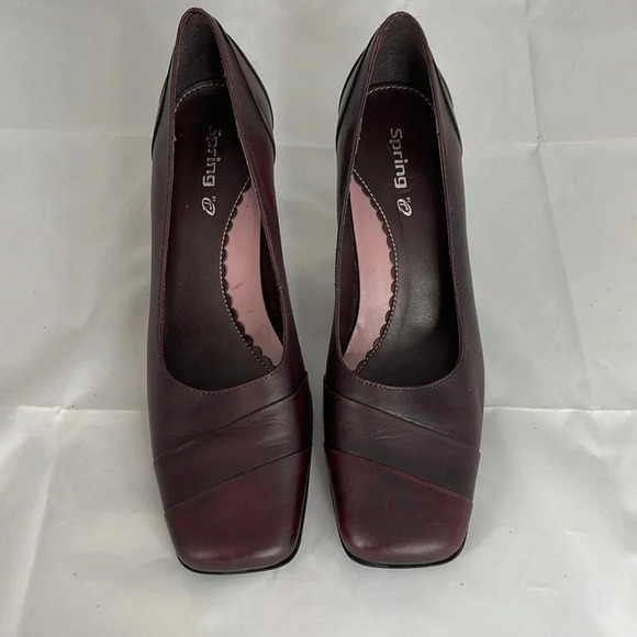 VINTAGE Y2K Spring Square Toe Pumps Wine Maroon Genuine Leather Shoes Heels 36 - Picture 5 of 13